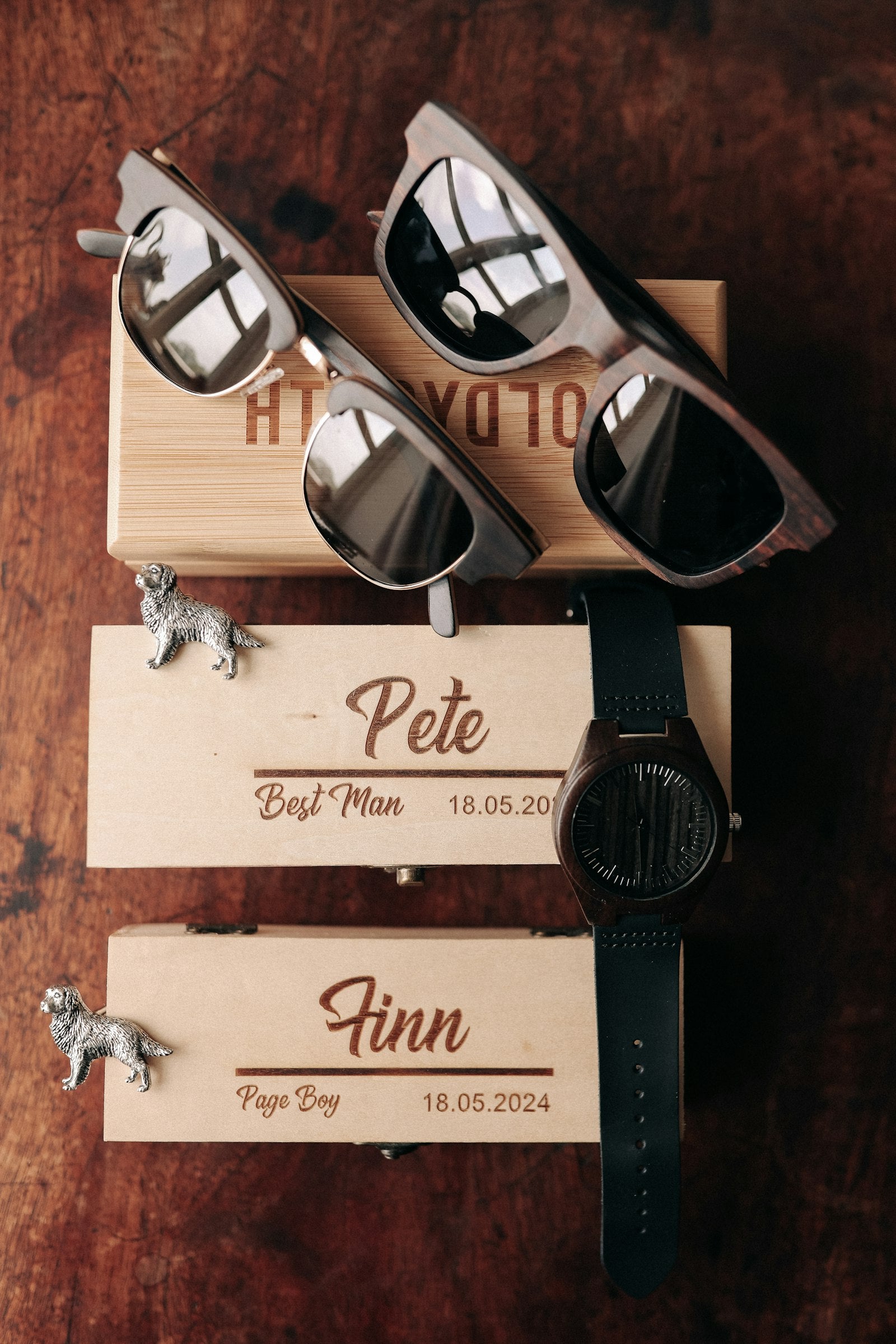 Personalized engraved wooden name tags with sunglasses, gift customization